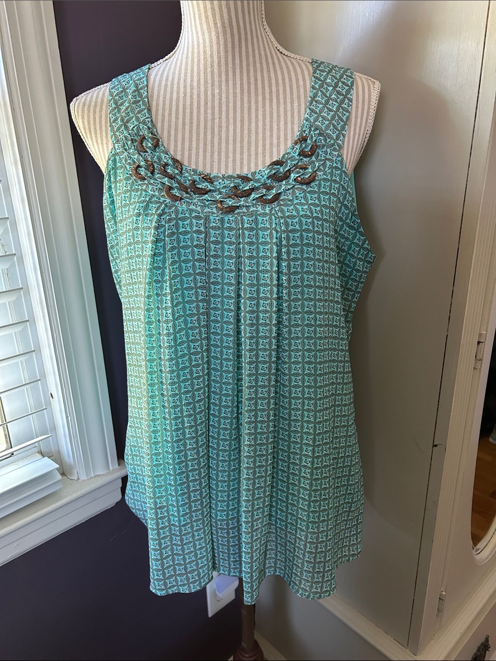 dressbarn Aqua Geometric Print Tank with Braided Accent